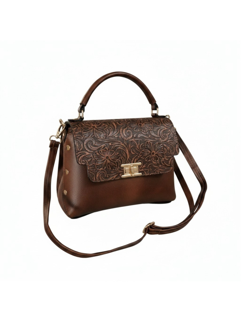 Pecan Brown Floral Studded Embossed Artisan LEATHER Purse Handbag Crossbody - Picture 2 of 15